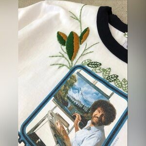 Hand-Embroidered Bob Ross Happy Trees Ringer Tee